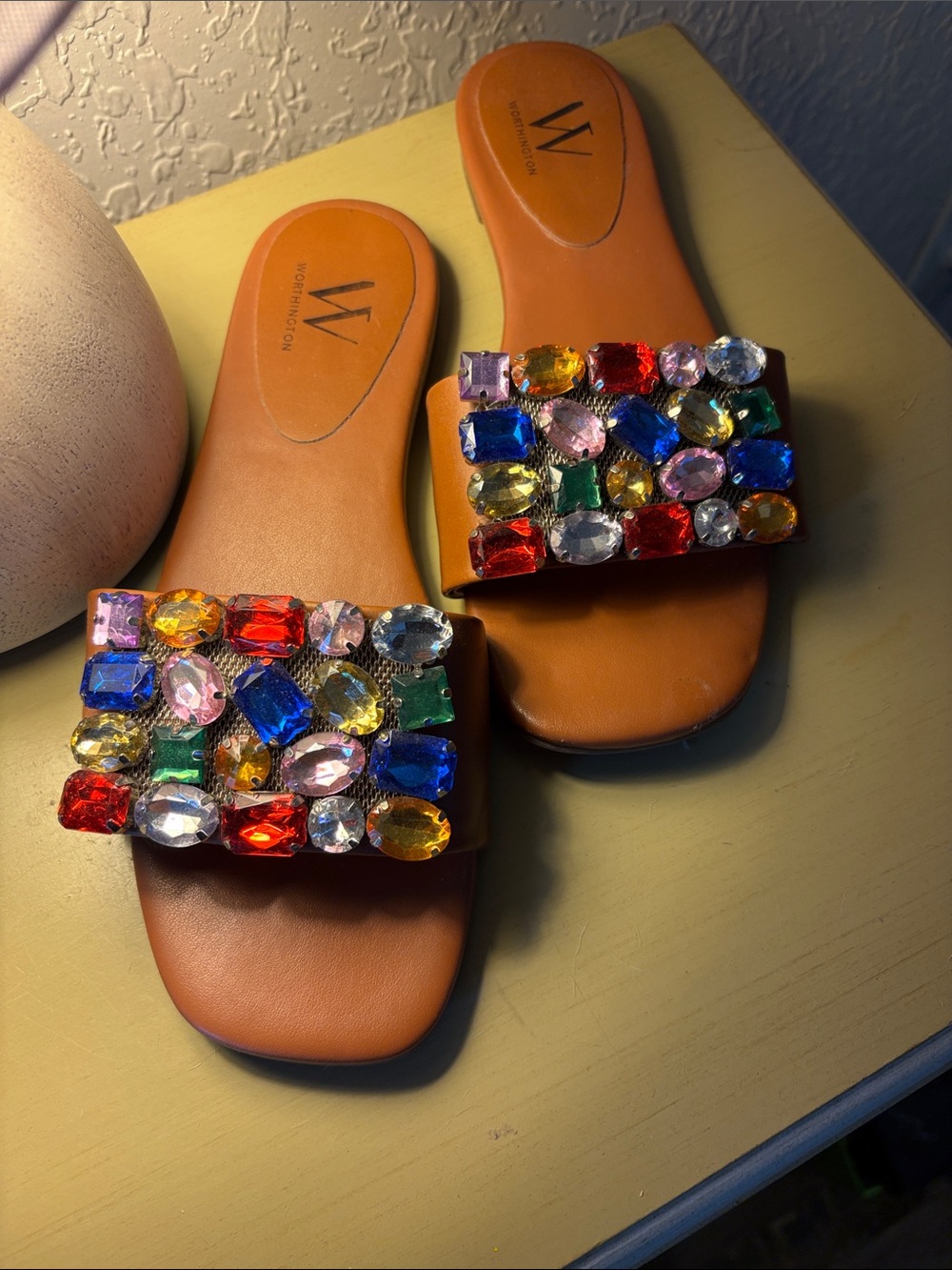 Worthington Tan Slide Sandals with Multicolor Jeweled Straps